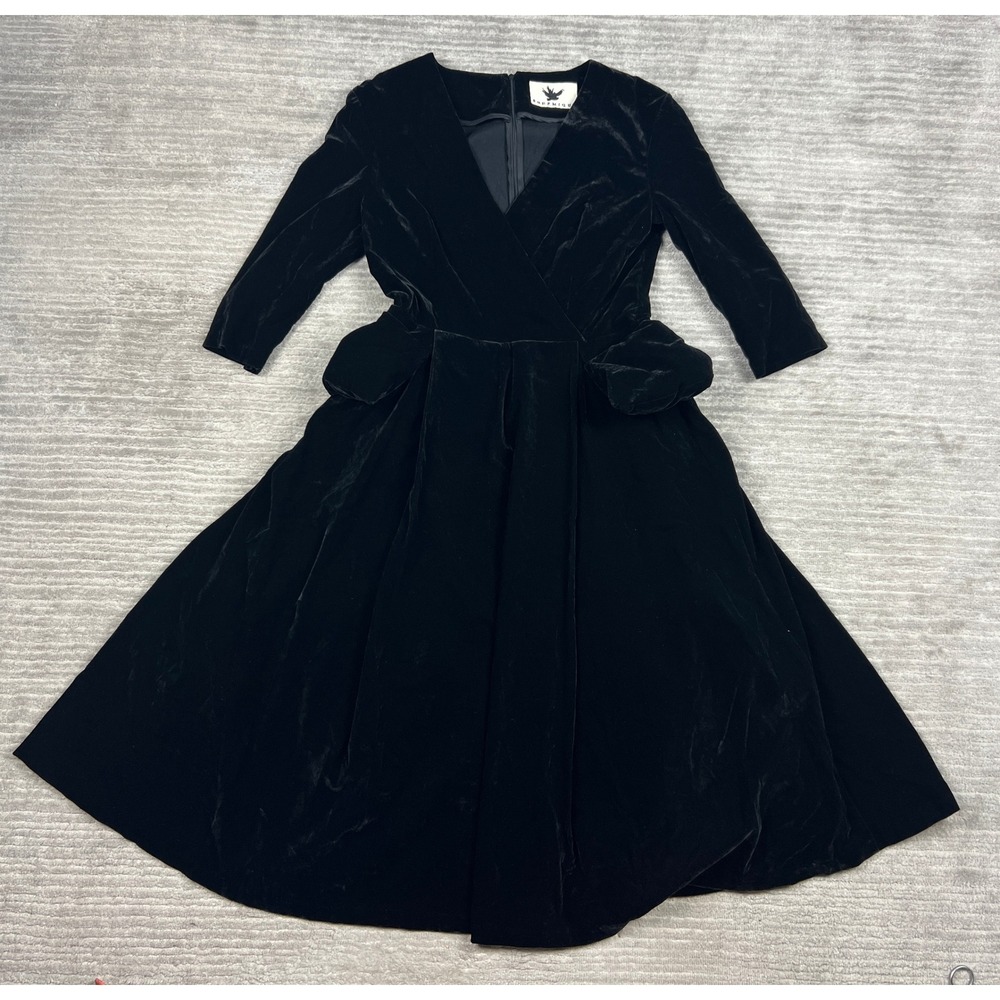 Bohemique‎ Dress Women L Black Velvet V-Neck 3/4 Sleeve Fit & Flare Peplum Midi